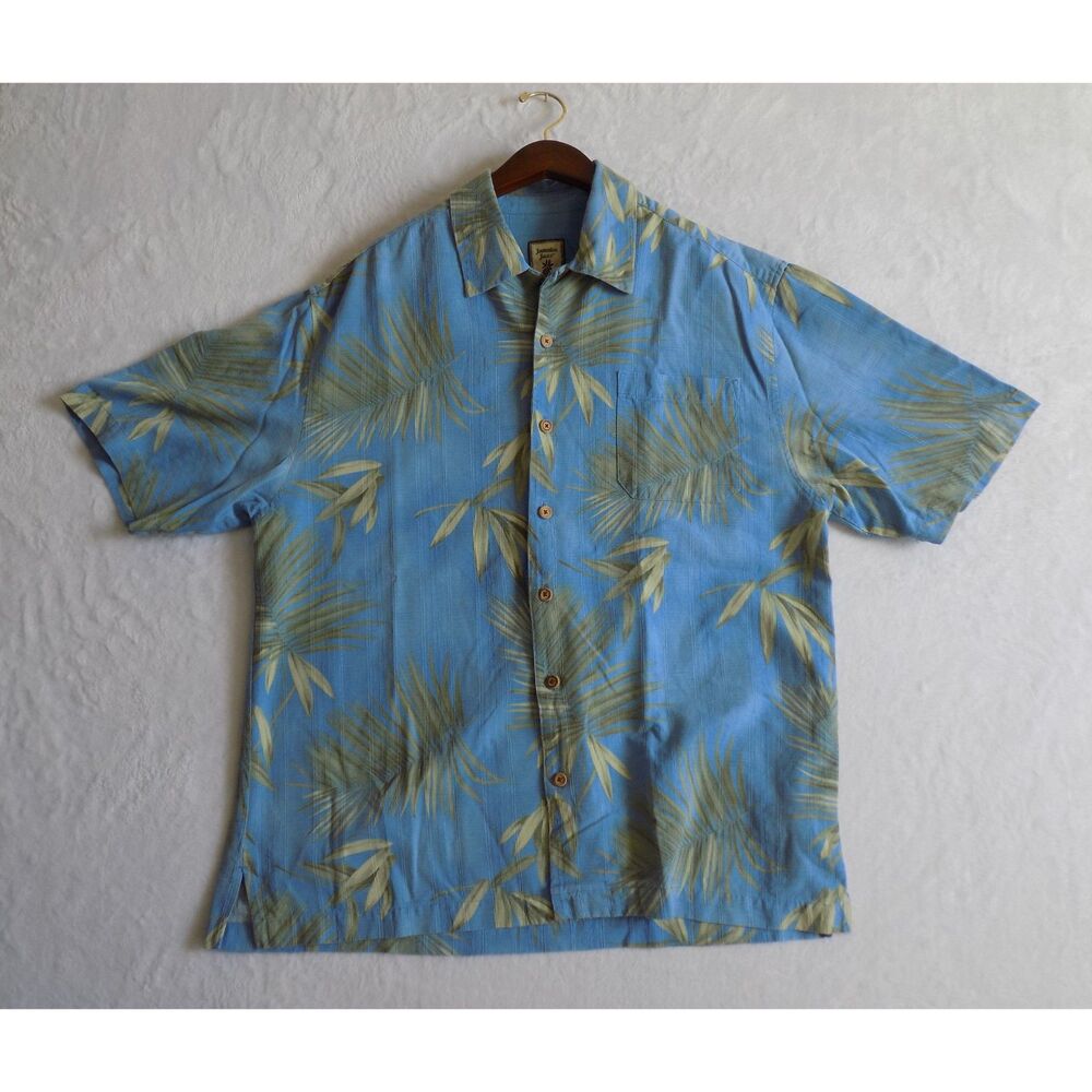 Jamaica Jaxx Mens Blue 100% Silk Palm Leaf Tropical Camp Shirt Medium
